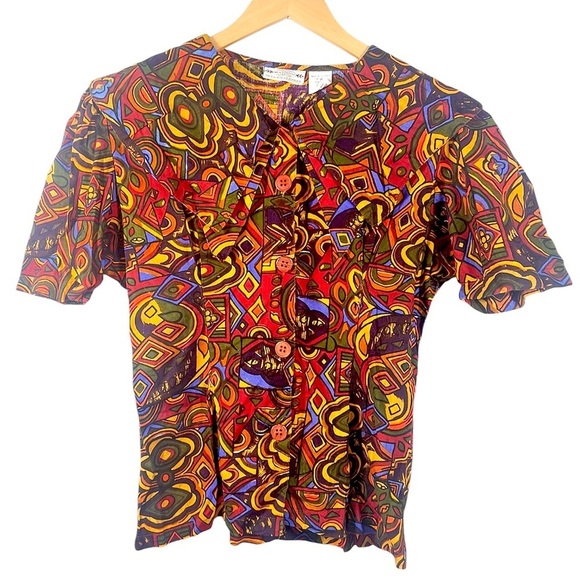 Vintage Mahudi International Abstract Artsy Double Collar Button Front Blouse M - Picture 1 of 7